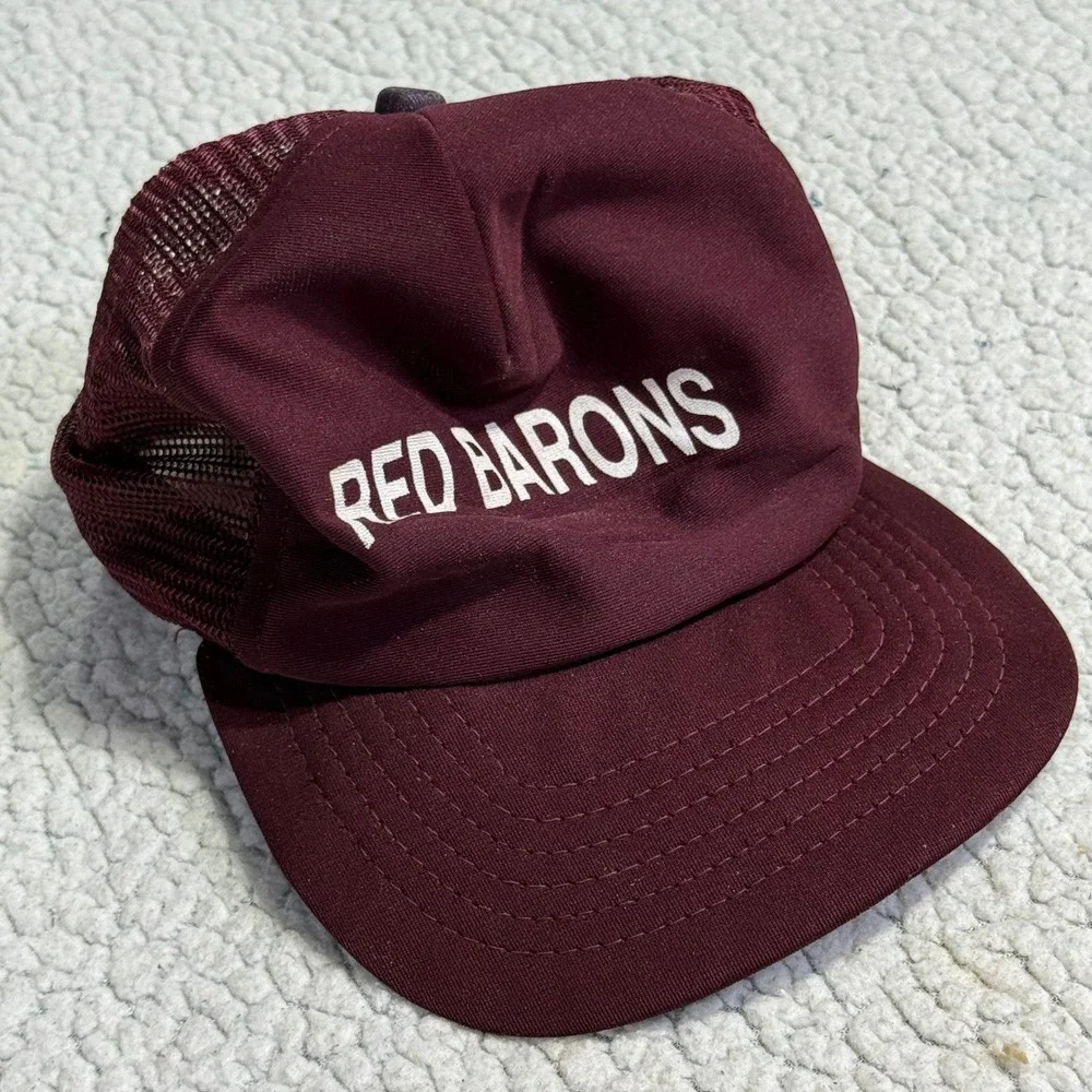 Vintage‎ New Era Red Barons Trucker Hat Maroon Snapback Mesh Cap Small Med USA